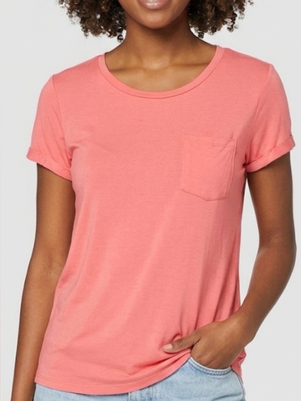 Women’s Pocket Tee in Coral Pink - Casual Short Sleeve Top